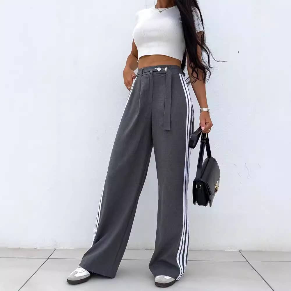 STRIPED PATCHWORK LACE-UP CASUAL SLACKS