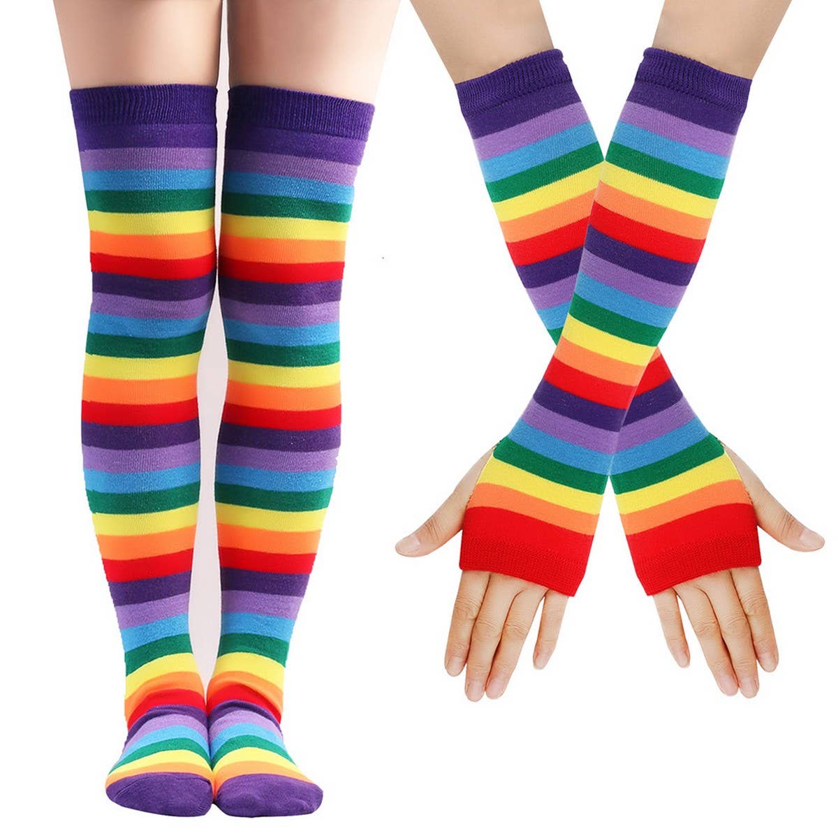 COLORFUL STRIPED KNEE SOCKS AND GLOVES SET