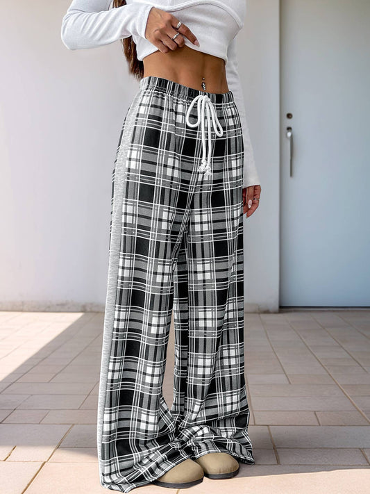 Casual plaid patchwork wide-leg pants