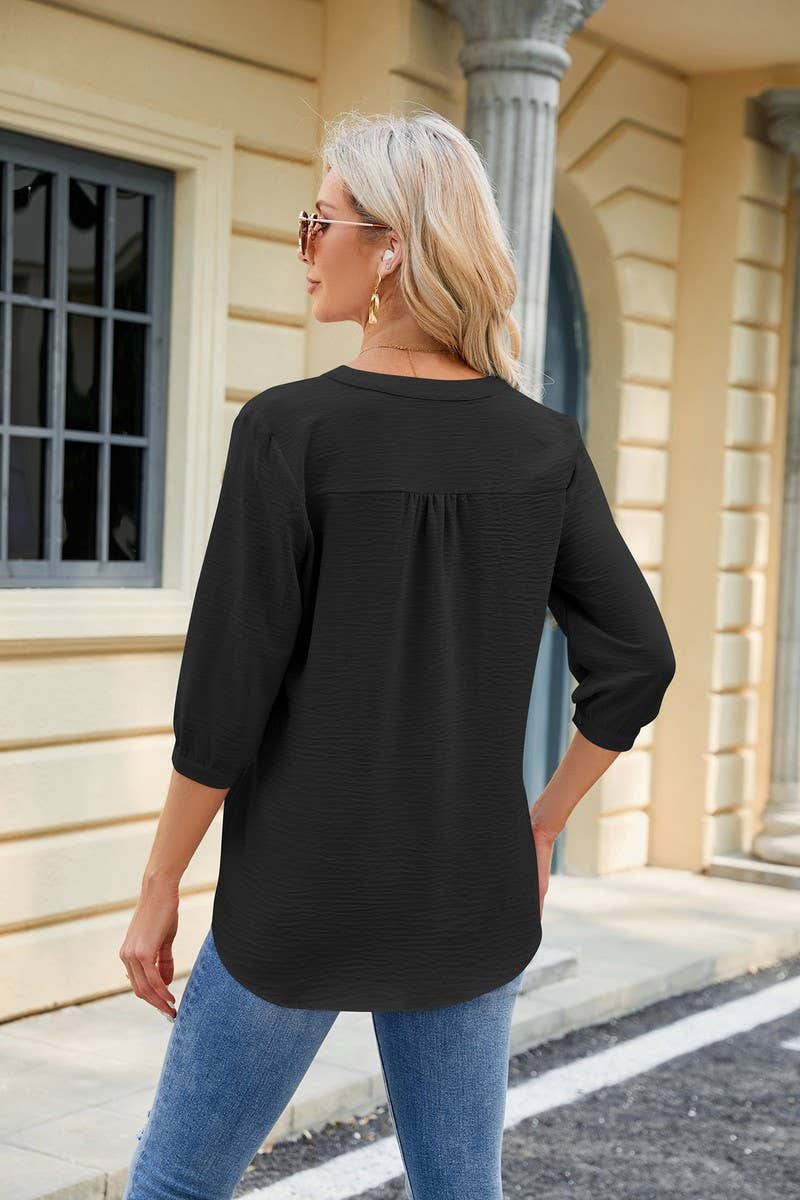 V NECK BUTTON SOLID COLOR LOOSE T SHIRT_CWTSTS0188