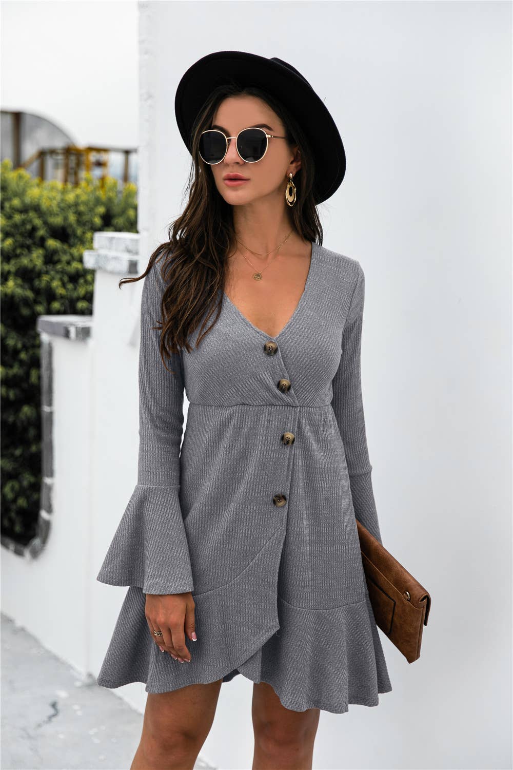 V-NECK RUFFLED TRUMPET SLEEVE BUTTON KNIT DRESS