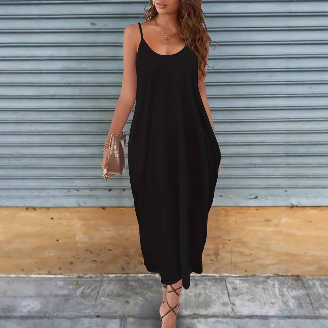 A loose long dress with solid color halter straps