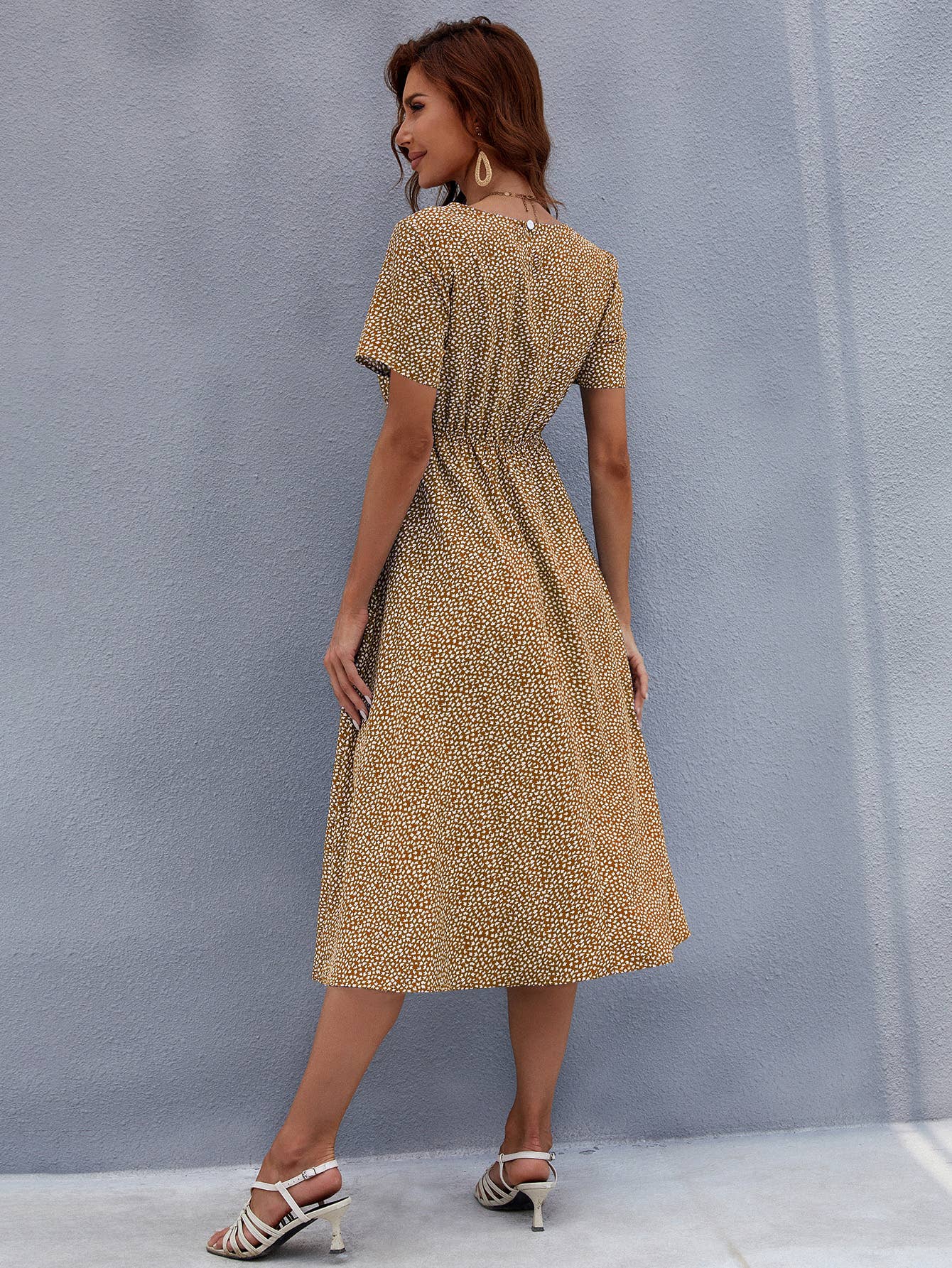 Round neck floral style waist long printed dress