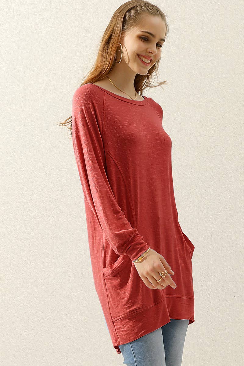 Cwttl1491_R Neck Long Sleeve Slub Long Knit Top With Pockets