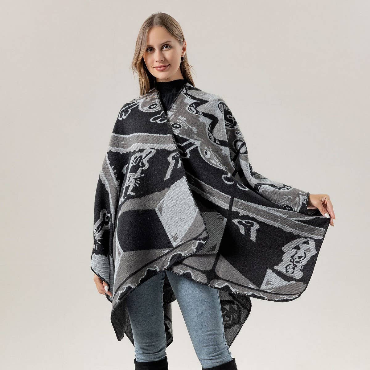 RETRO CARTOON STYLE KNITTED CAPE WARM SHAWL_CWASC2249