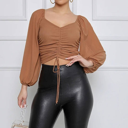 SOLID COLOR MESH ONE-LINE SHOULDER SLEEVED BLOUSE