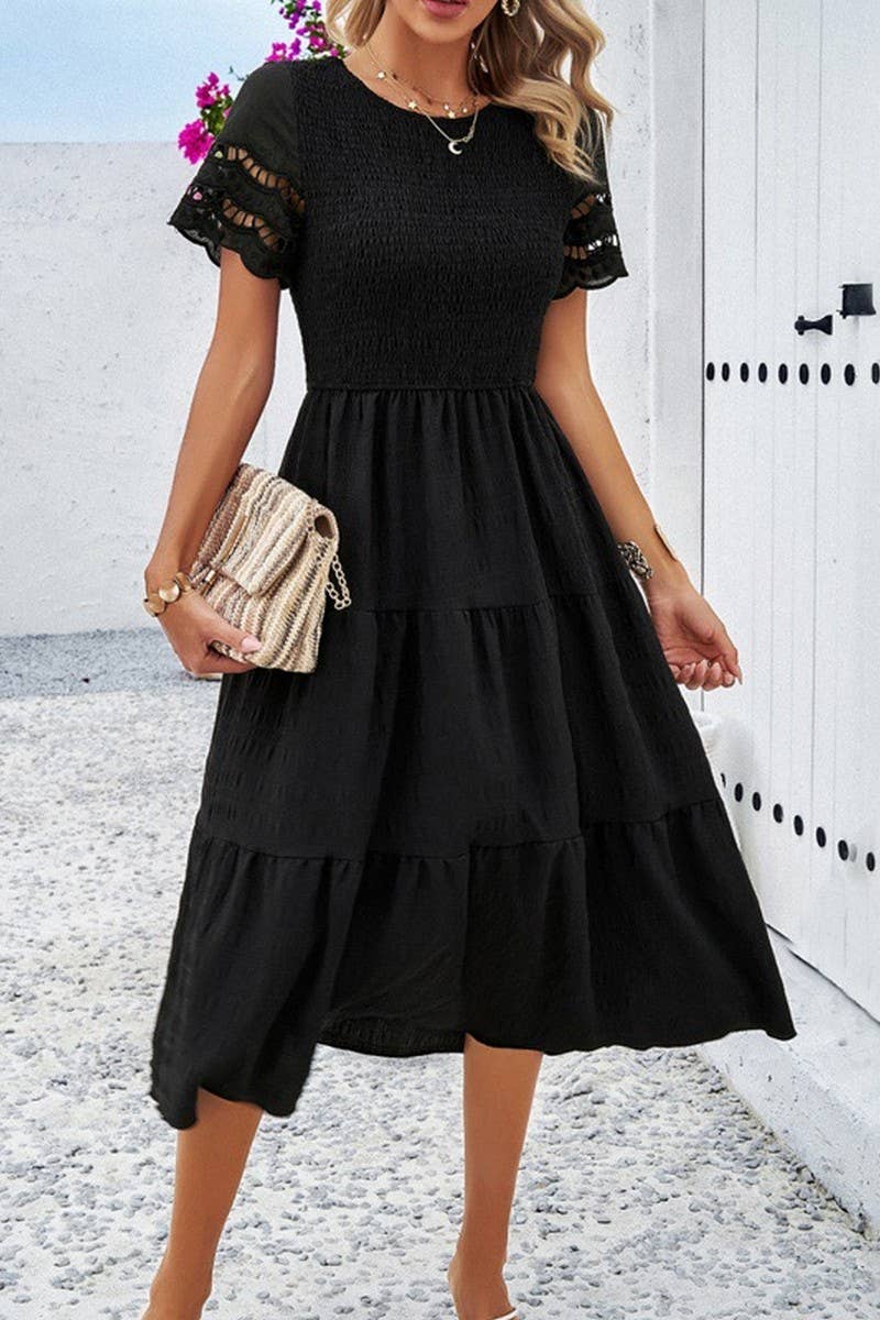 CWDMD6447_TEMPERAMENT SOLID COLOR SHORT SLEEVE HOLLOW DRESS