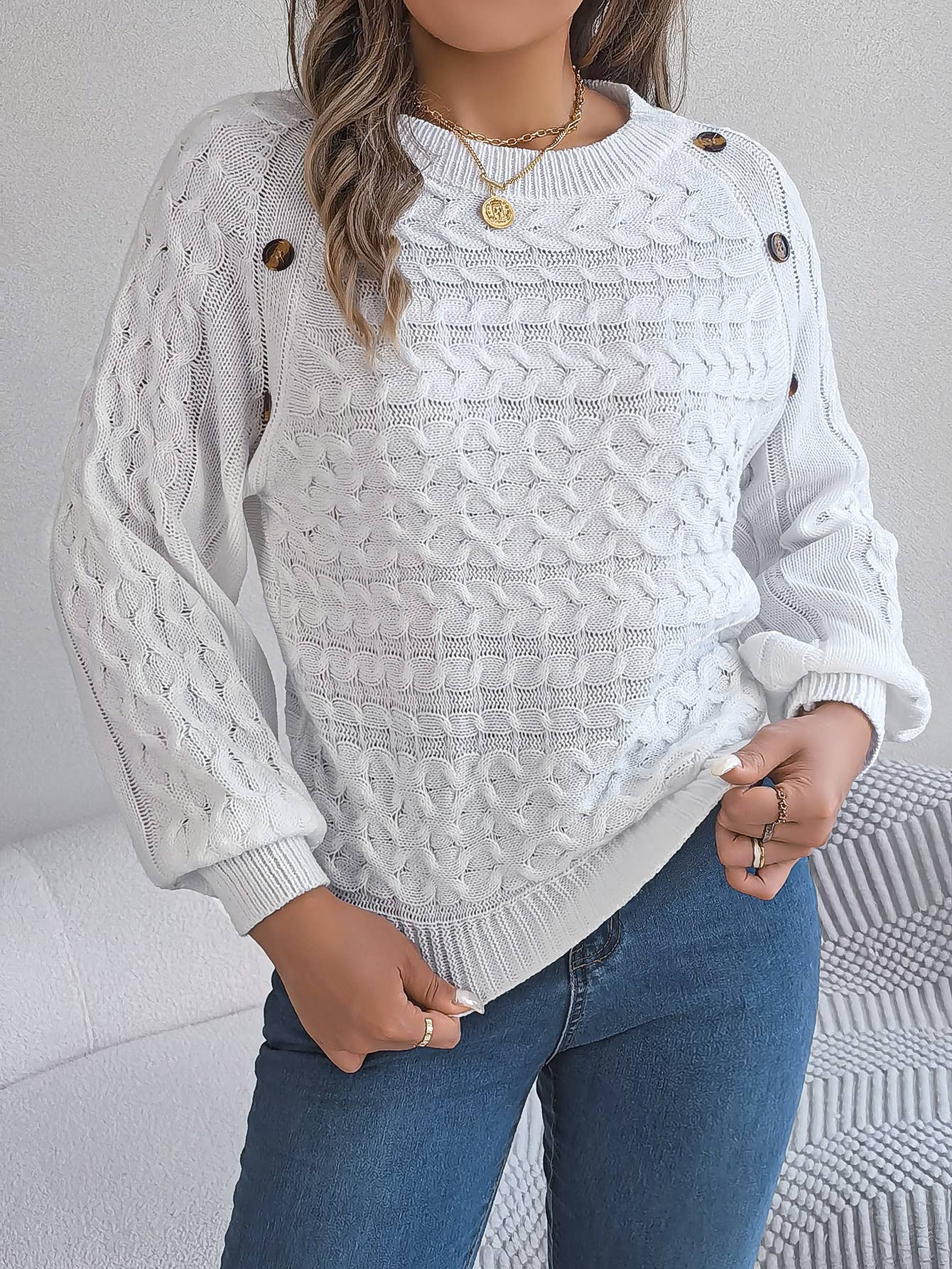 TWIST BUTTON LANTERN SLEEVE PULLOVER SWEATER