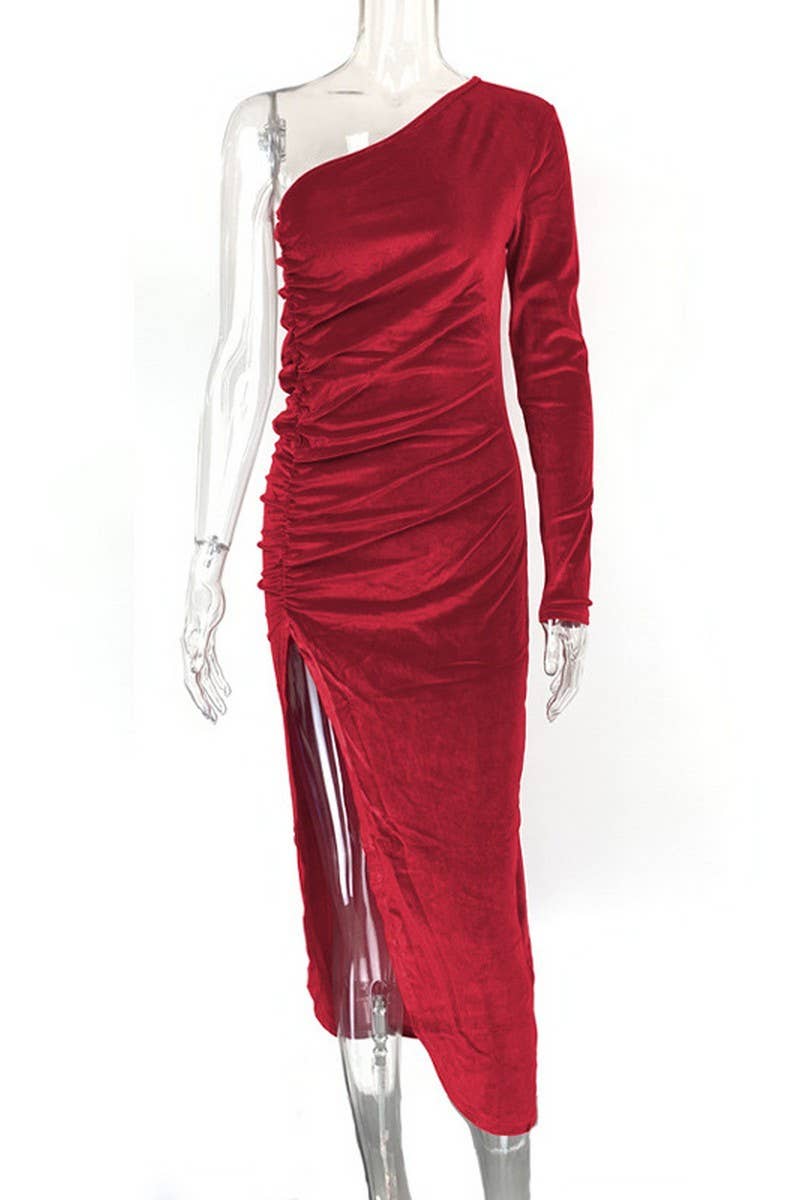 CWDMD4905_VELVET PLEATED SLIT ONE SHOULDER PARTY DRESS