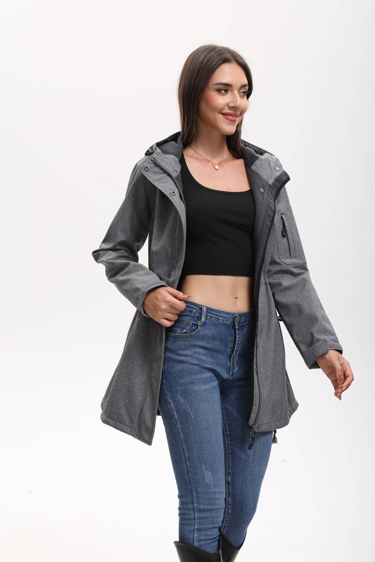 Hooded multi-pocket fleece down jacket