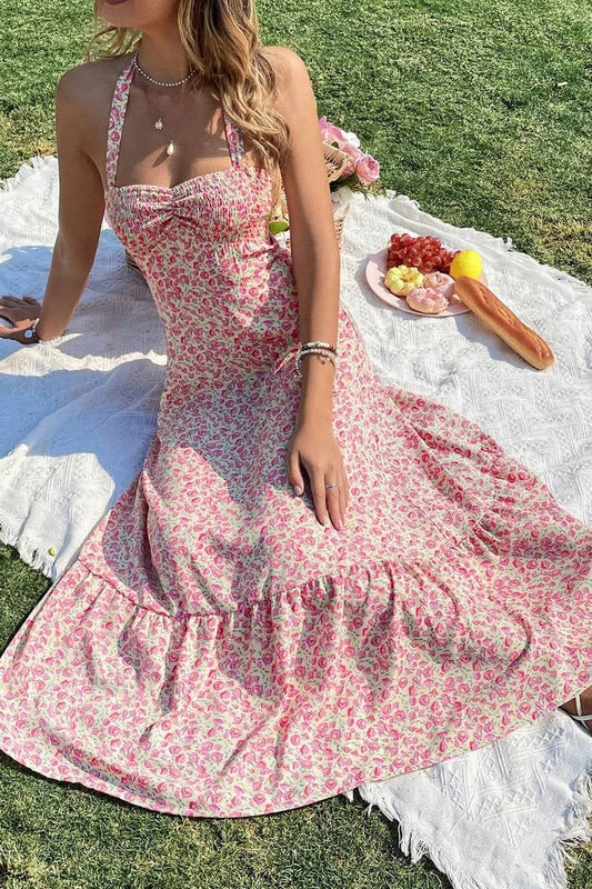 CWDHL0981_FLORAL PRINT TIE SLEEVELESS A-LINE DRESS