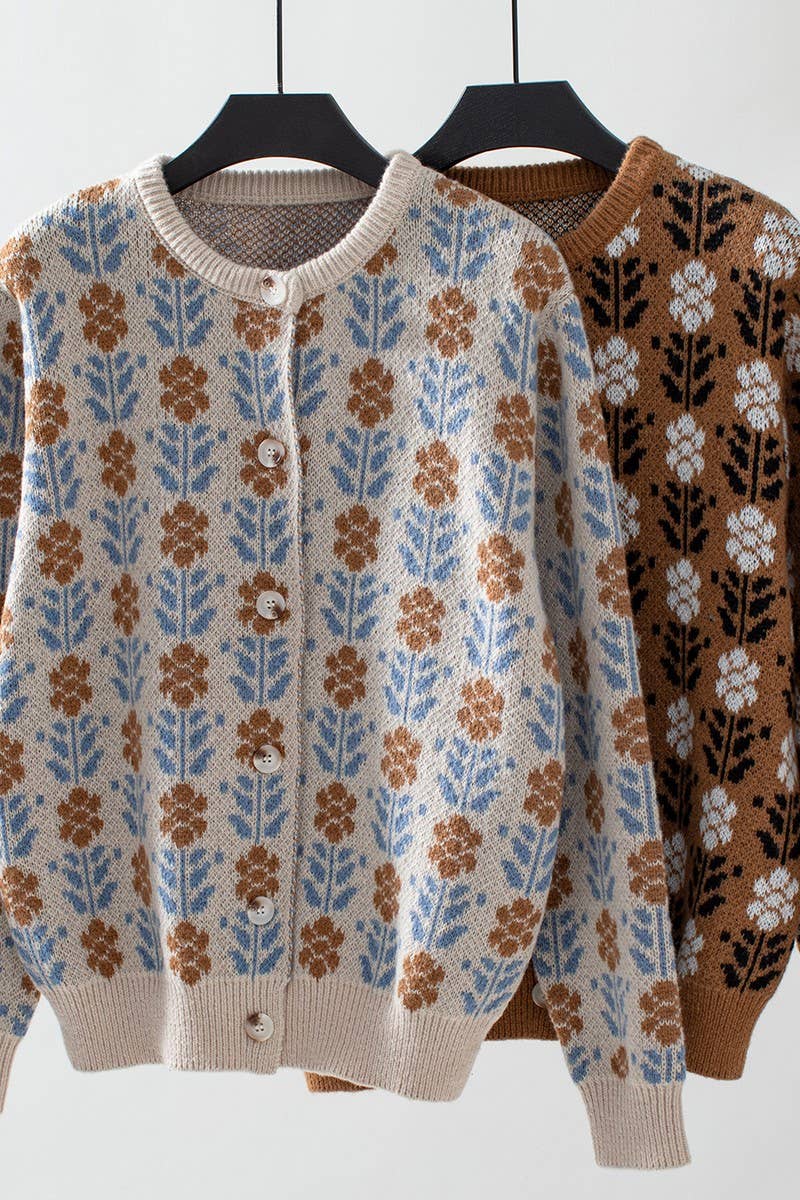 CWOCAL0842_SINGLE BREASTED JACQUARD KNIT CARDIGAN SWEATER