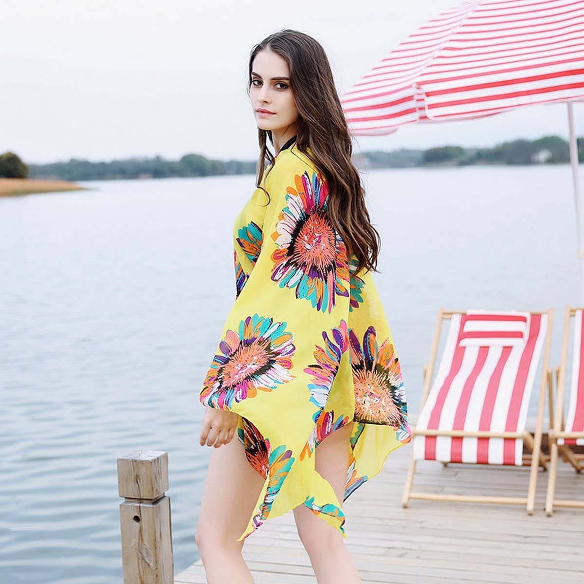 SUNFLOWER PRINT FRONT OPEN KIMONO FOR SUMMER