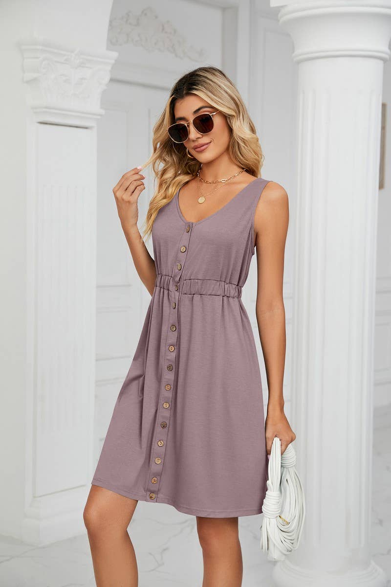 CWDSD3114_ROUND NECK SLEEVELESS BUTTON POCKET WAIST DRESS