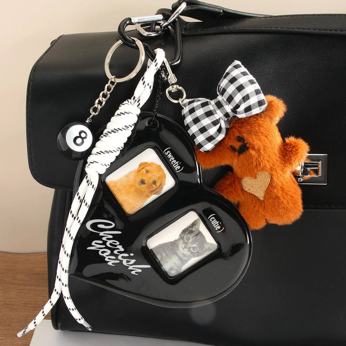 Cute Plush Bear Keychain with Bow & Photo Holder