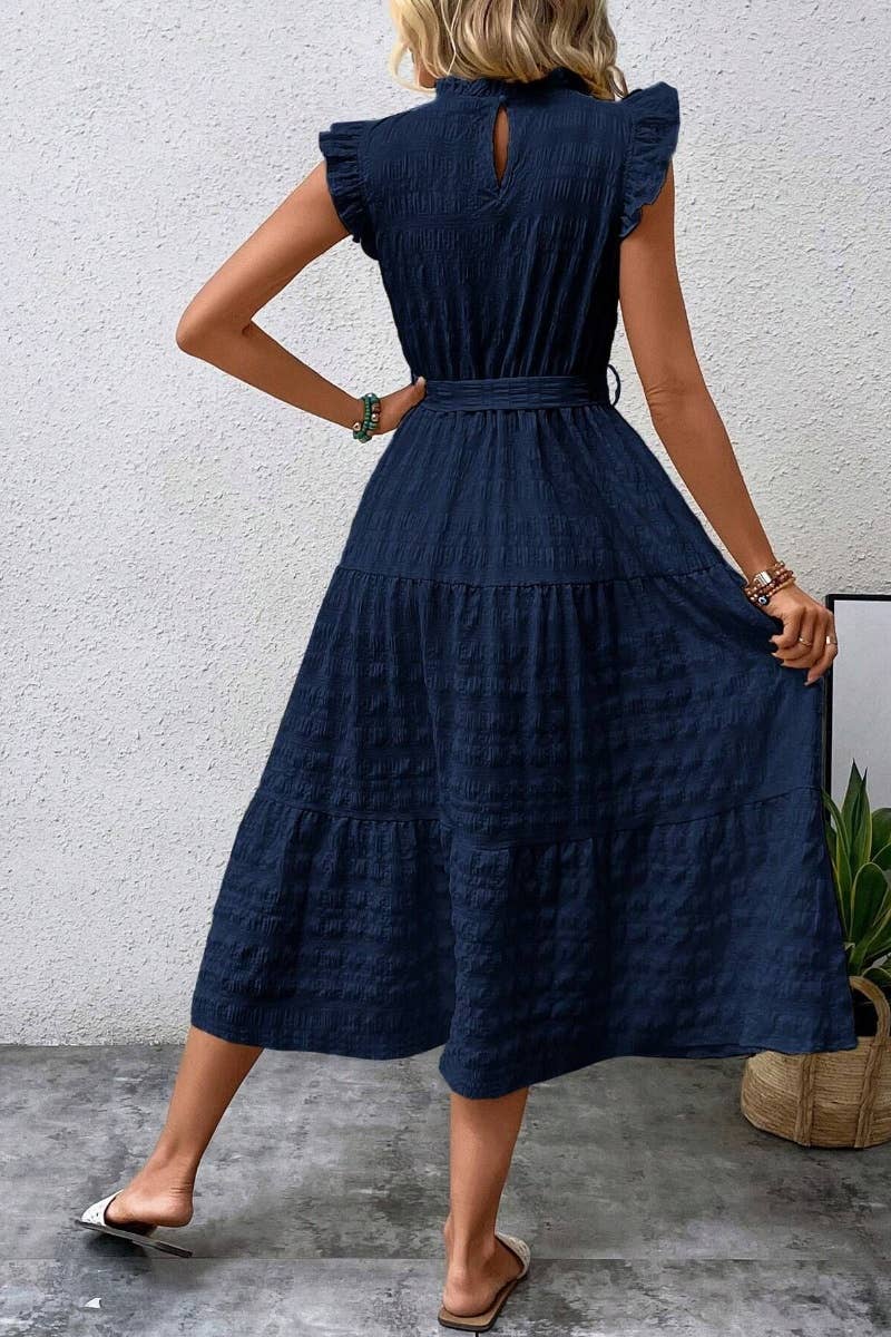 CWDMD2747_SUMMER WOODEN EAR EDGE LACE-UP DRESS LONG