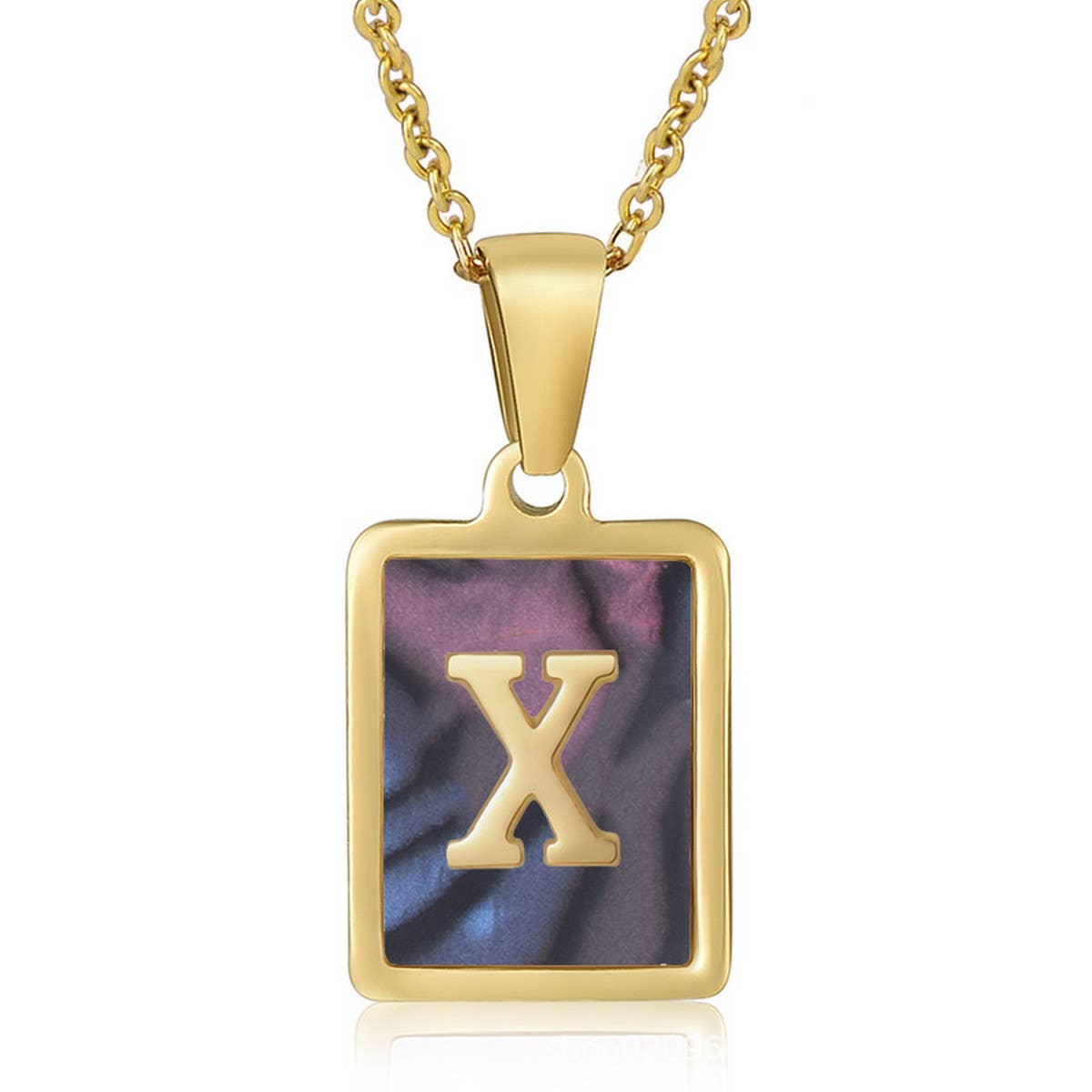 CWAJE1930_Square Stainless Steel Color Shell Letter Necklace
