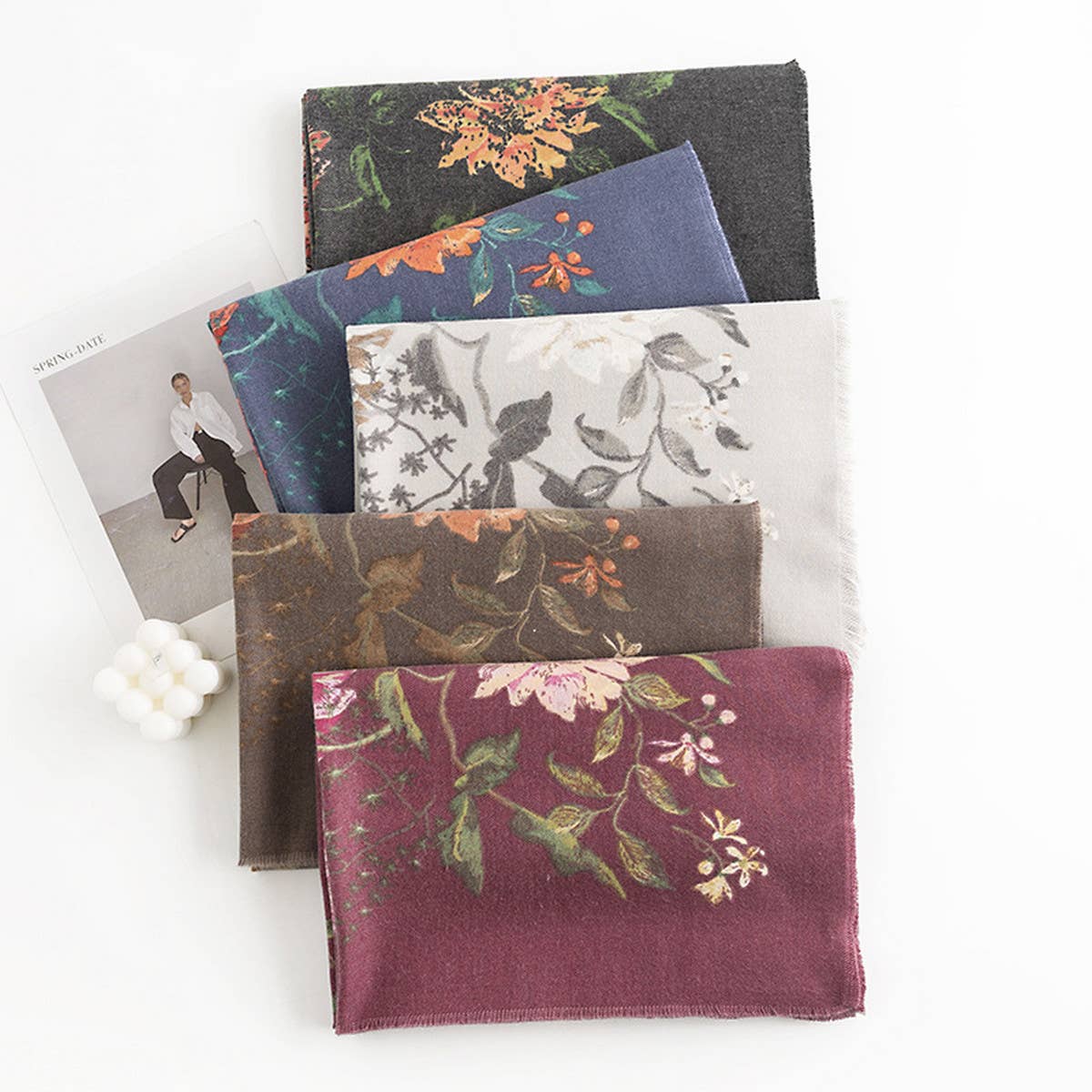 Rose Print Tassel Scarf - Boho Faux Cashmere Wrap