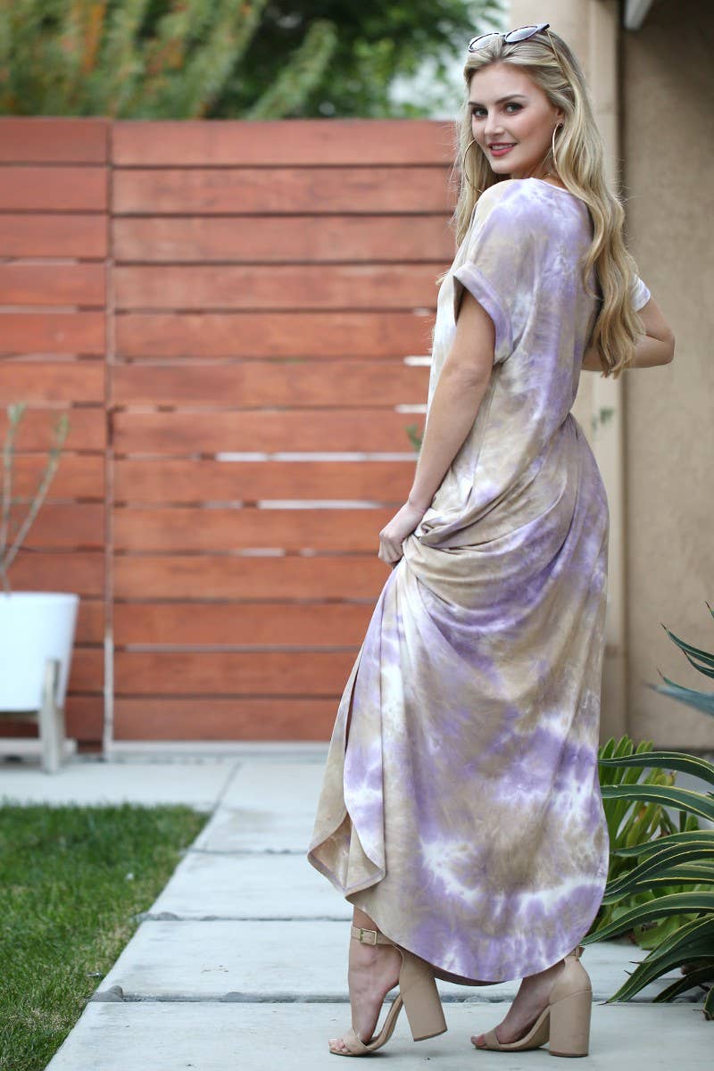 CWDMD820_SHORT SLEEVE V-NECK MAXI DRESS WITH SIDE SLIT