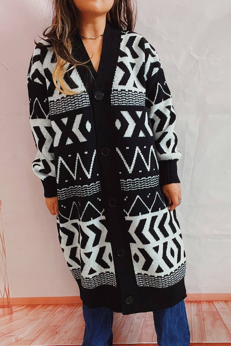 V-neck retro geometric long cardigan coat