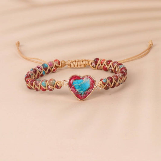 HEART SHAPED CHARM NATURAL STONE WOVEN BRACELET