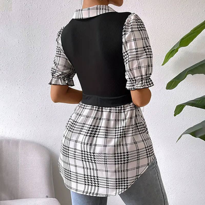 Fake two puffed sleeve color patchwork blouse