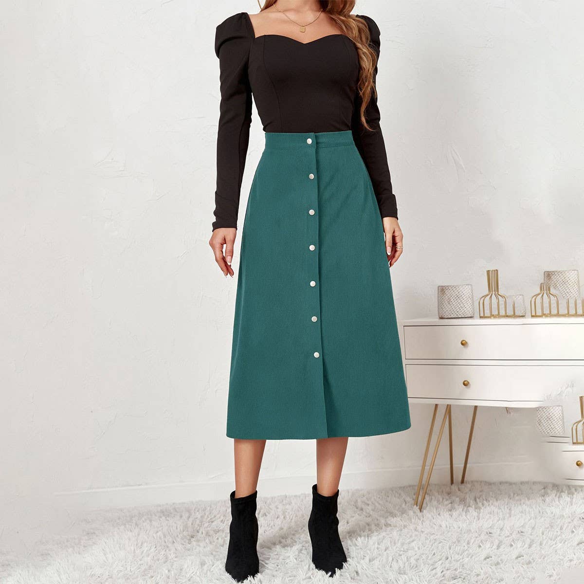 CORDUROY SKIRT SINGLE BREASTED HIGH WAISTLONGSKIRT