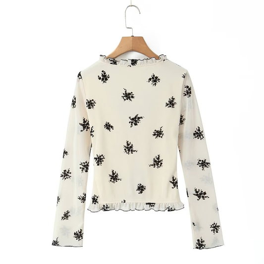 Floral Ruffle Mesh Cardigan V Neck Top