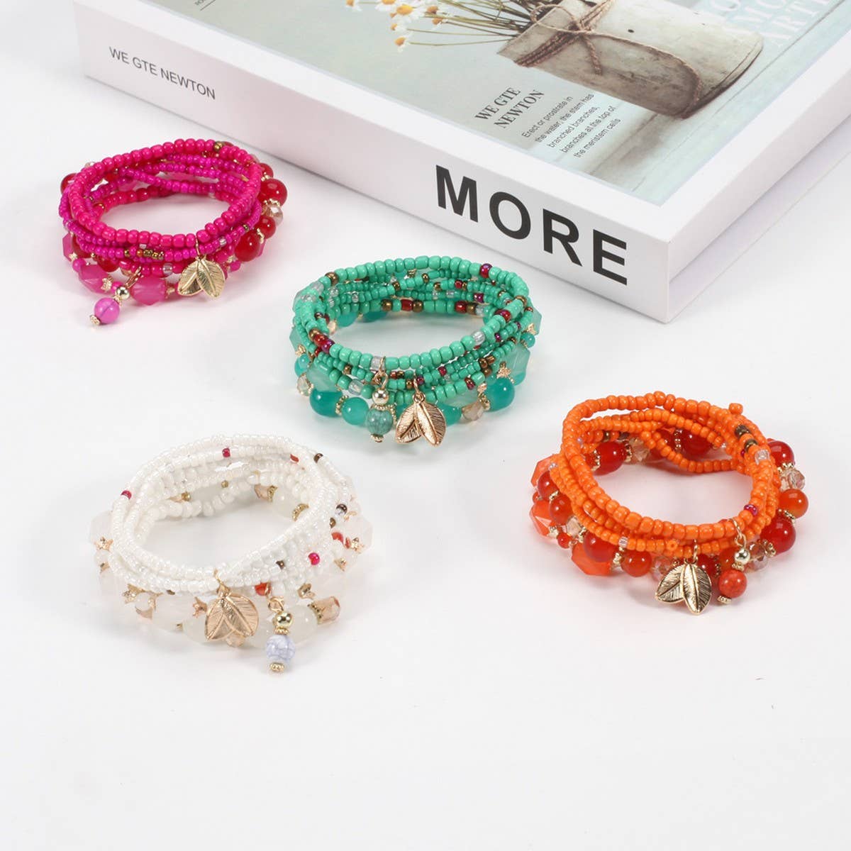 CWMM10461_BOHO MULTI LAYER BEADED LEAF CHARM BRACELET