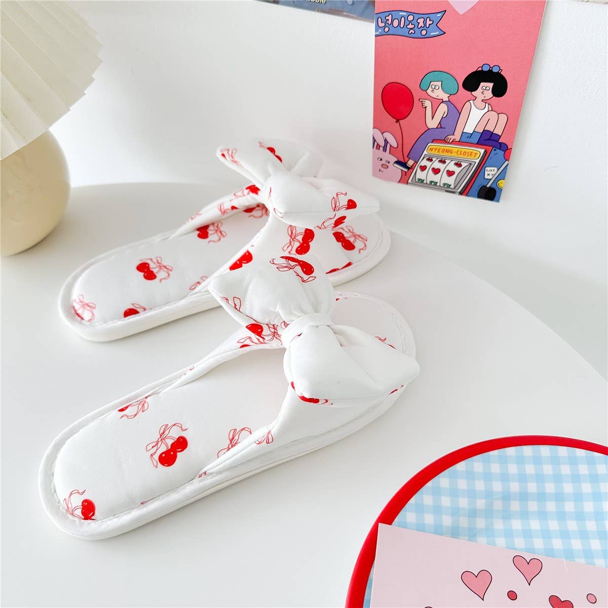 WOMEN'S NEW CHERRY PRINT BOWKNOT HOME SLIPPERS