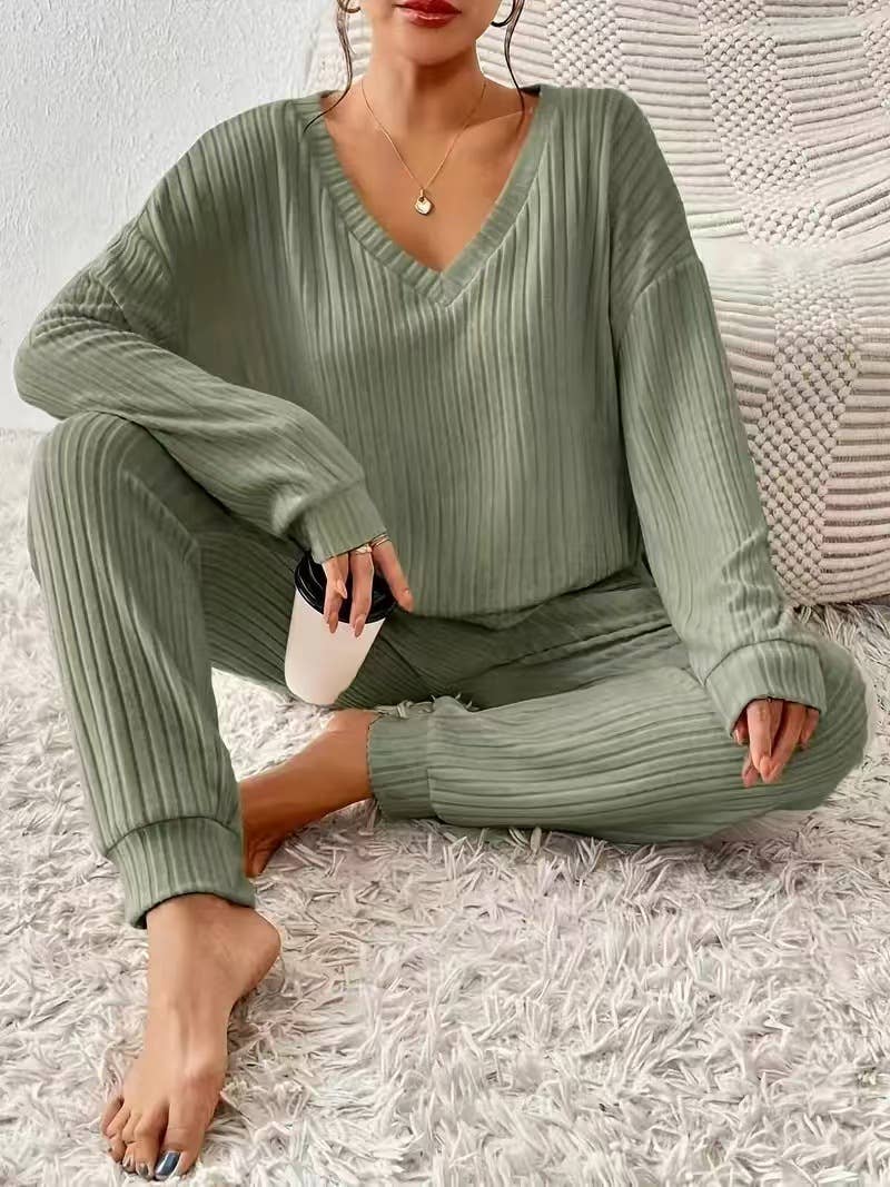 PIT-TRIMMED V-NECK LOOSE LACE-UP TOP PANTS SUIT