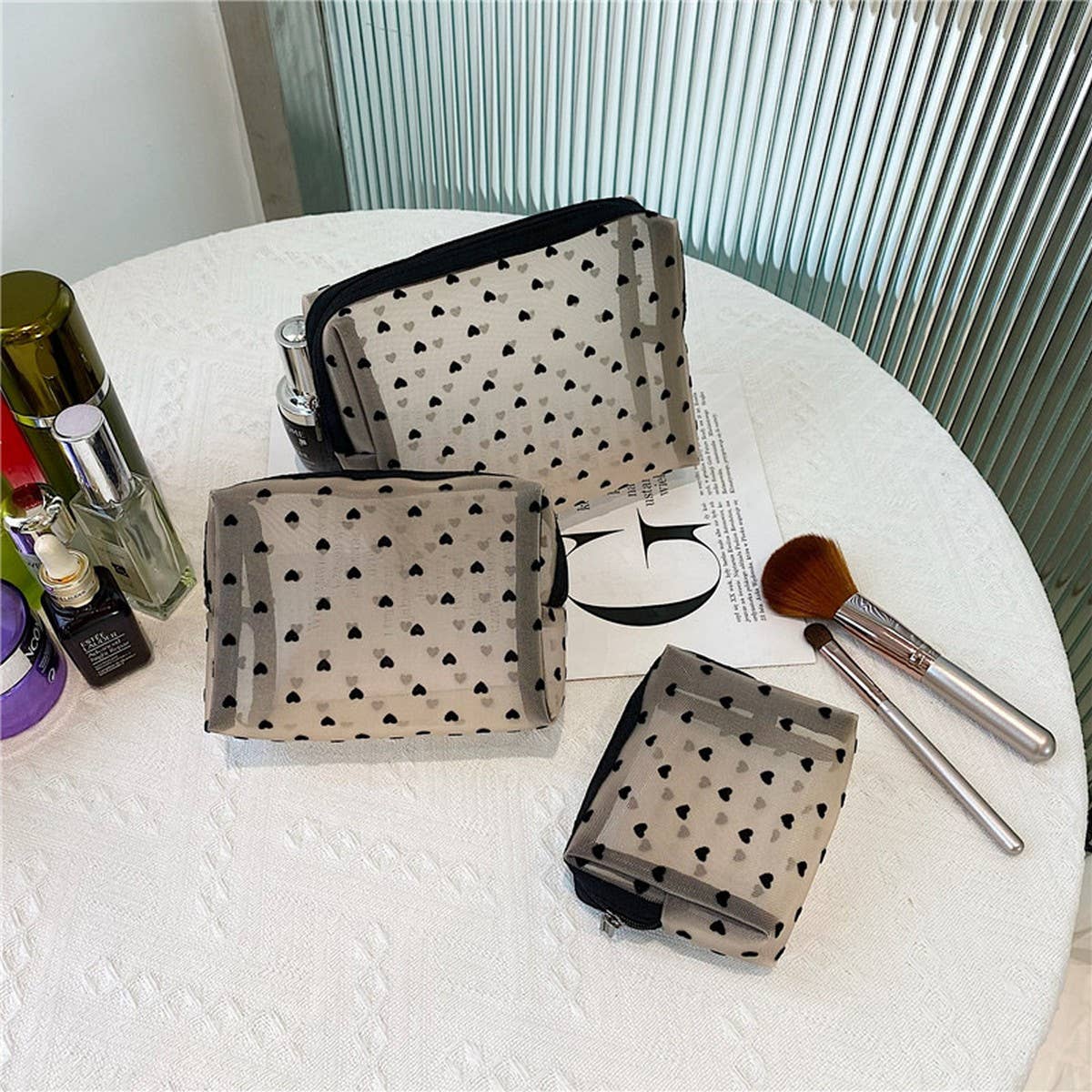 NEW FASHION MESH FLOCKING LOVE COSMETIC BAG_CWAB4496