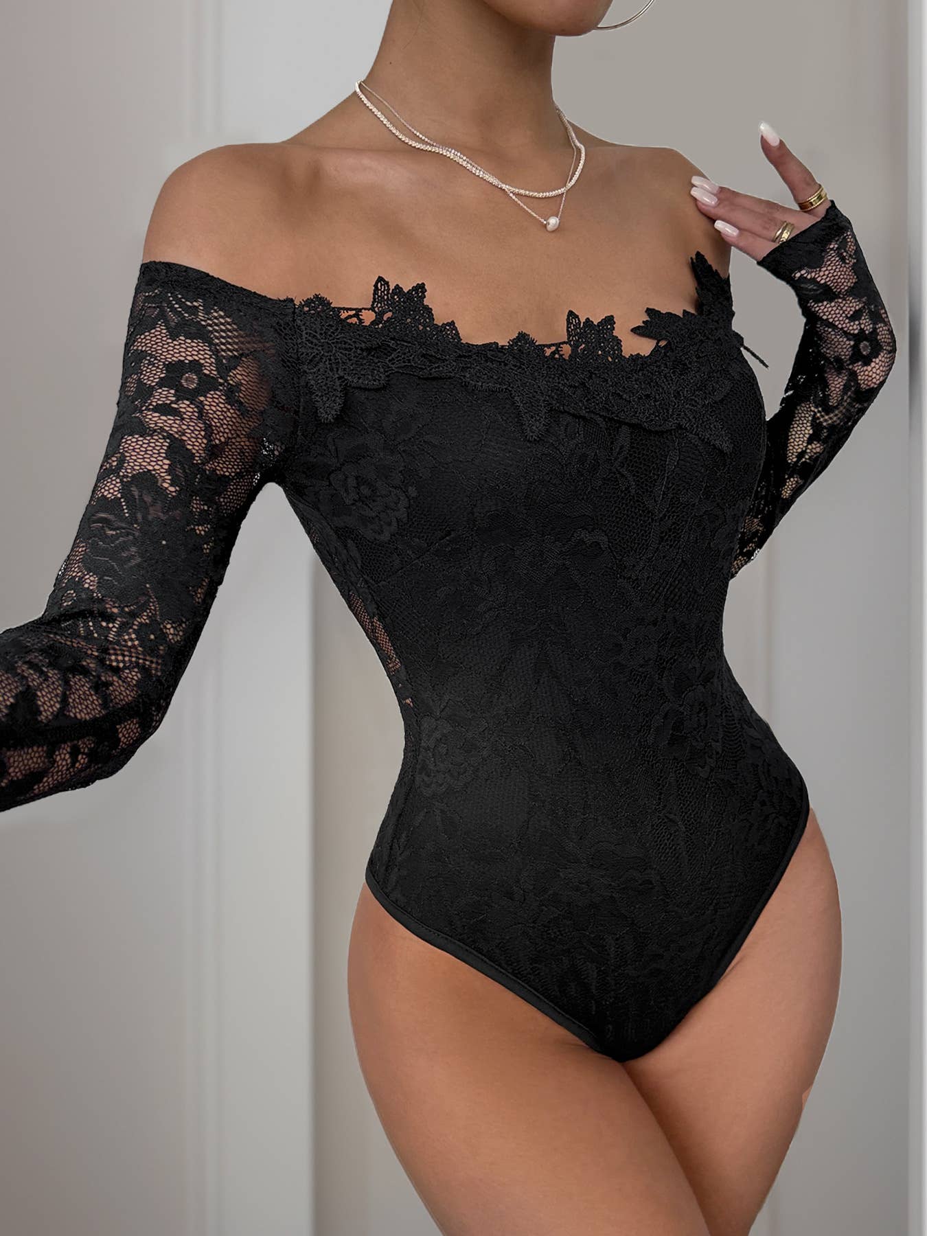 Elegant sexy lace patchwork solid color bodysuit