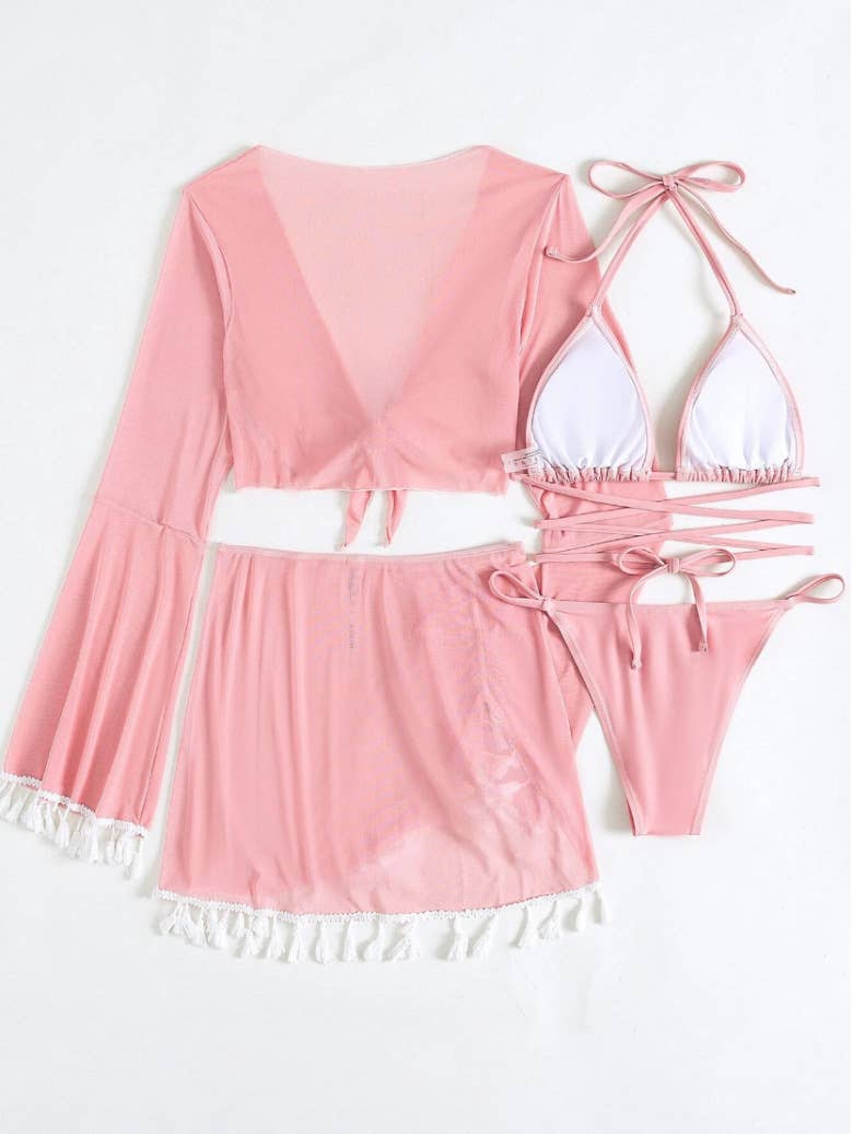 4 Piece Bikini Set - Modest Fringe Cover-Up_CWMW0144
