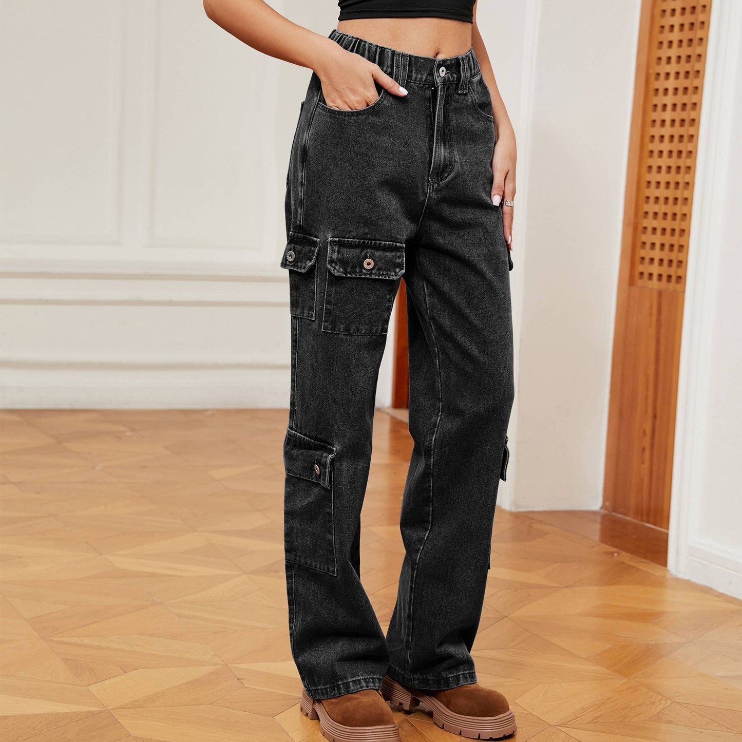 Semi-elastic personalized denim cargo pants
