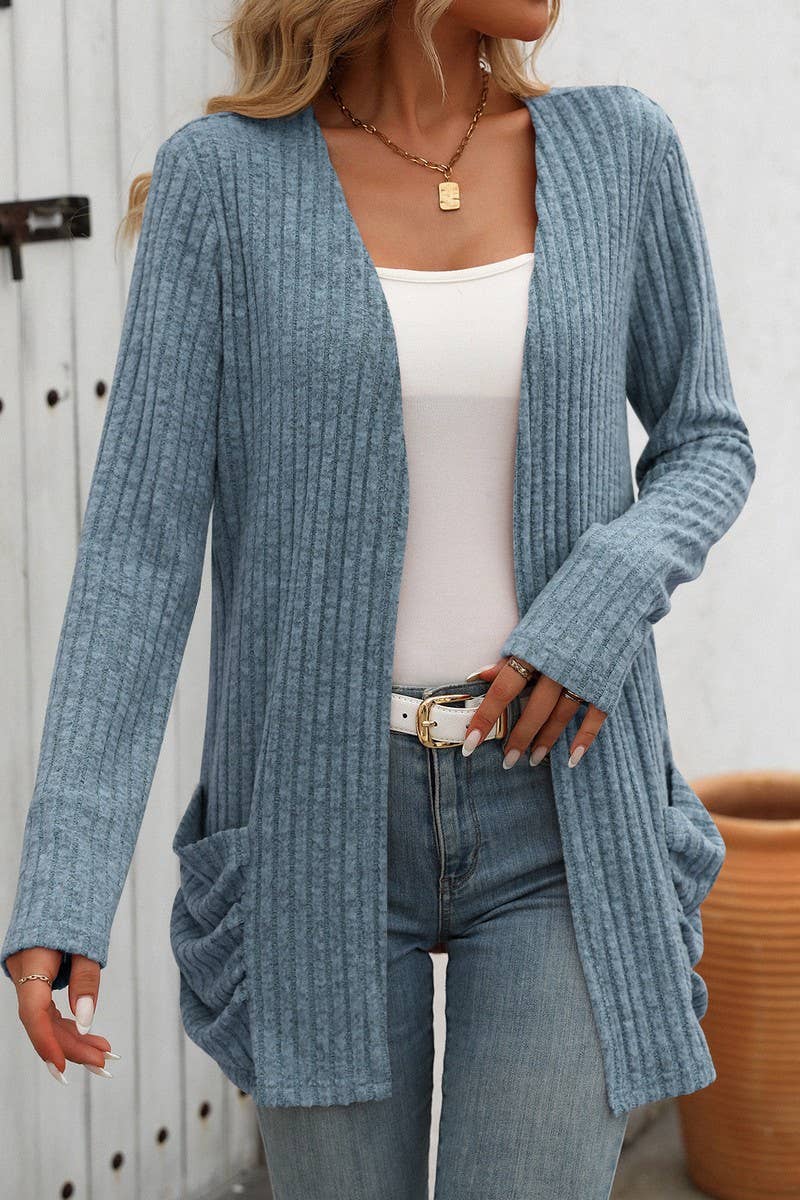 CWOCAL1308_SOLID COLOR RIBBED POCKET LONG SLEEVE CARDIGAN