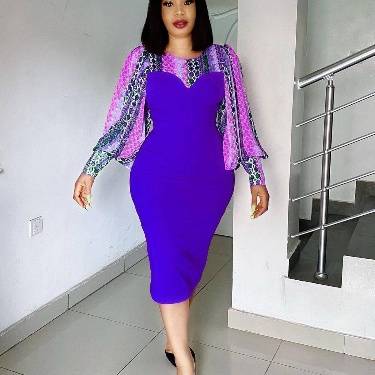 PRINTED BAT SLEEVE TEMPERAMENT HIGH WAIST DRESS_CWDMD3709