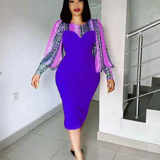 PRINTED BAT SLEEVE TEMPERAMENT HIGH WAIST DRESS_CWDMD3709