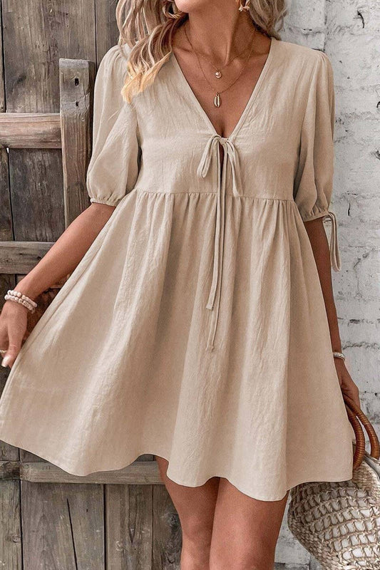 CWDSD8449_DEEP V TIE FRONT LOOSE A-LINE WOVEN DRESS