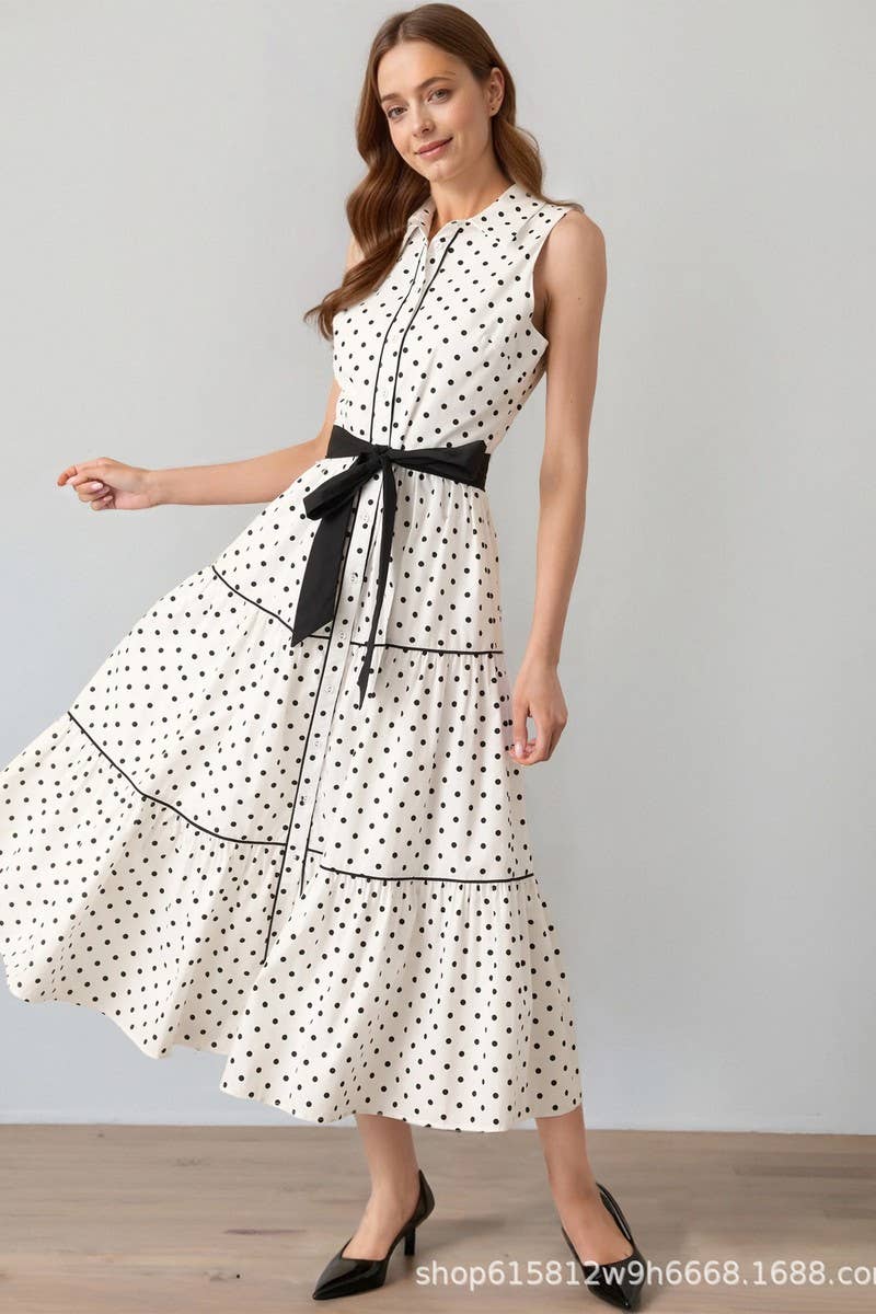 CWDMD6435_SLEEVELESS POLKA DOT TIE WAIST COLLAR DRESS