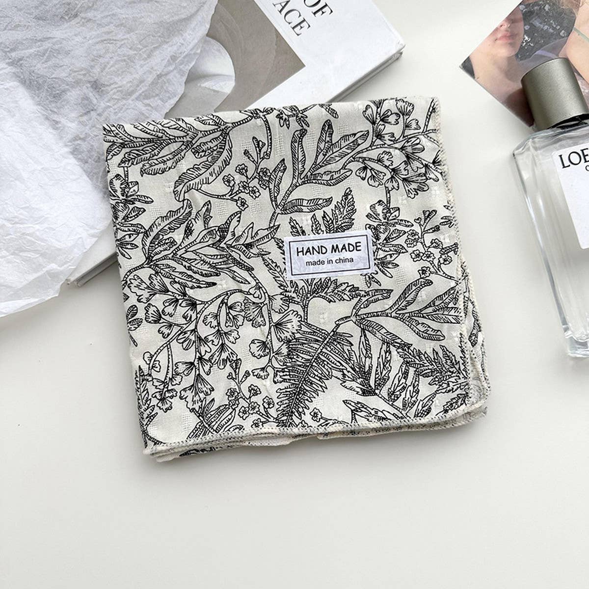 Floral Cotton Linen Square Scarf for Women