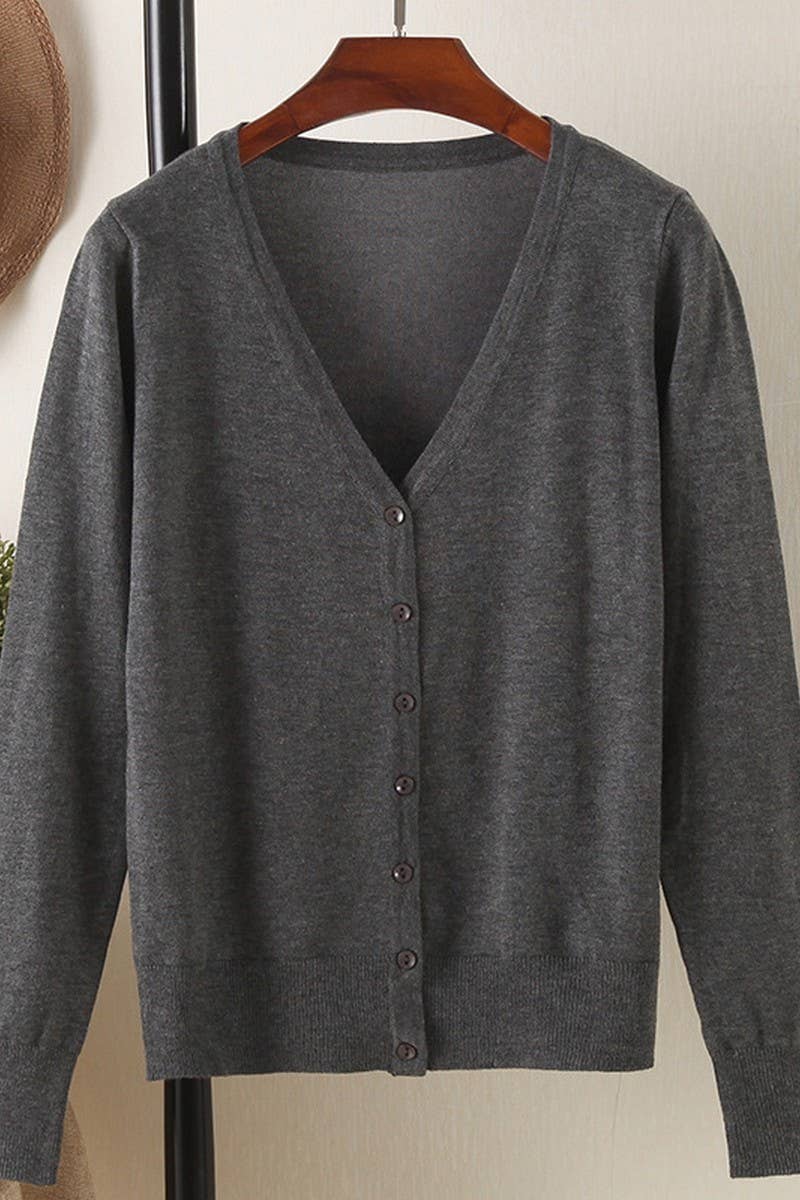 CWOCAL2074_V-NECK SOLID COLOR LONG-SLEEVED KNITTED CARDIGAN