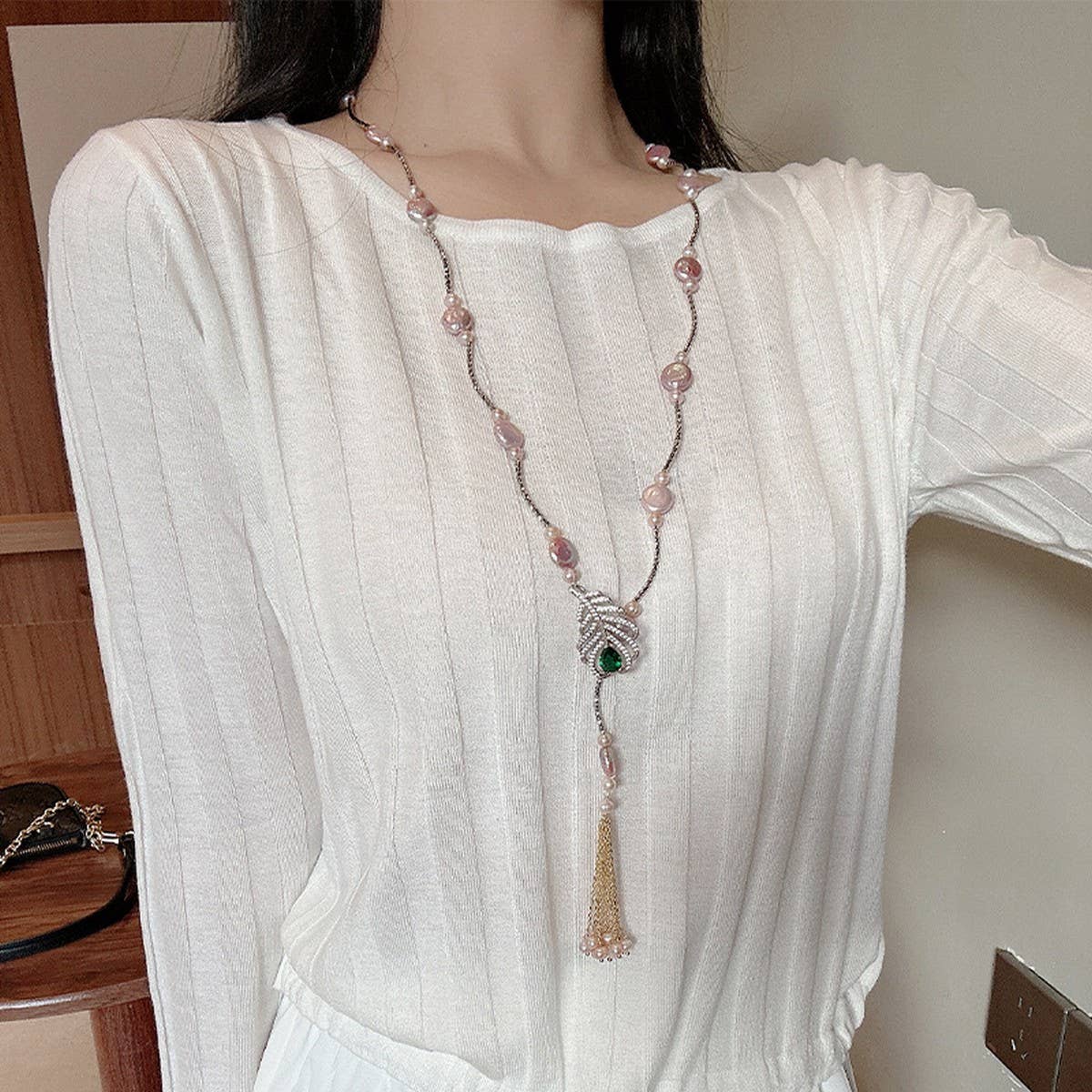 NICHE HIGH-END TASSEL PEARL SWEATER NECKLACE_CWAJE3898