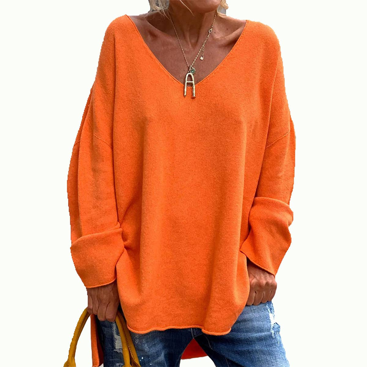 SOLID COLOR V-NECK LONG SLEEVE CASUAL T-SHIRT