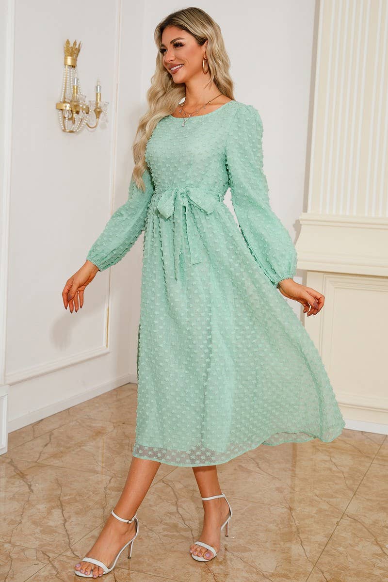 CWDMD3996_ROUND NECK TIE JACQUARD LONG SLEEVE DRESS