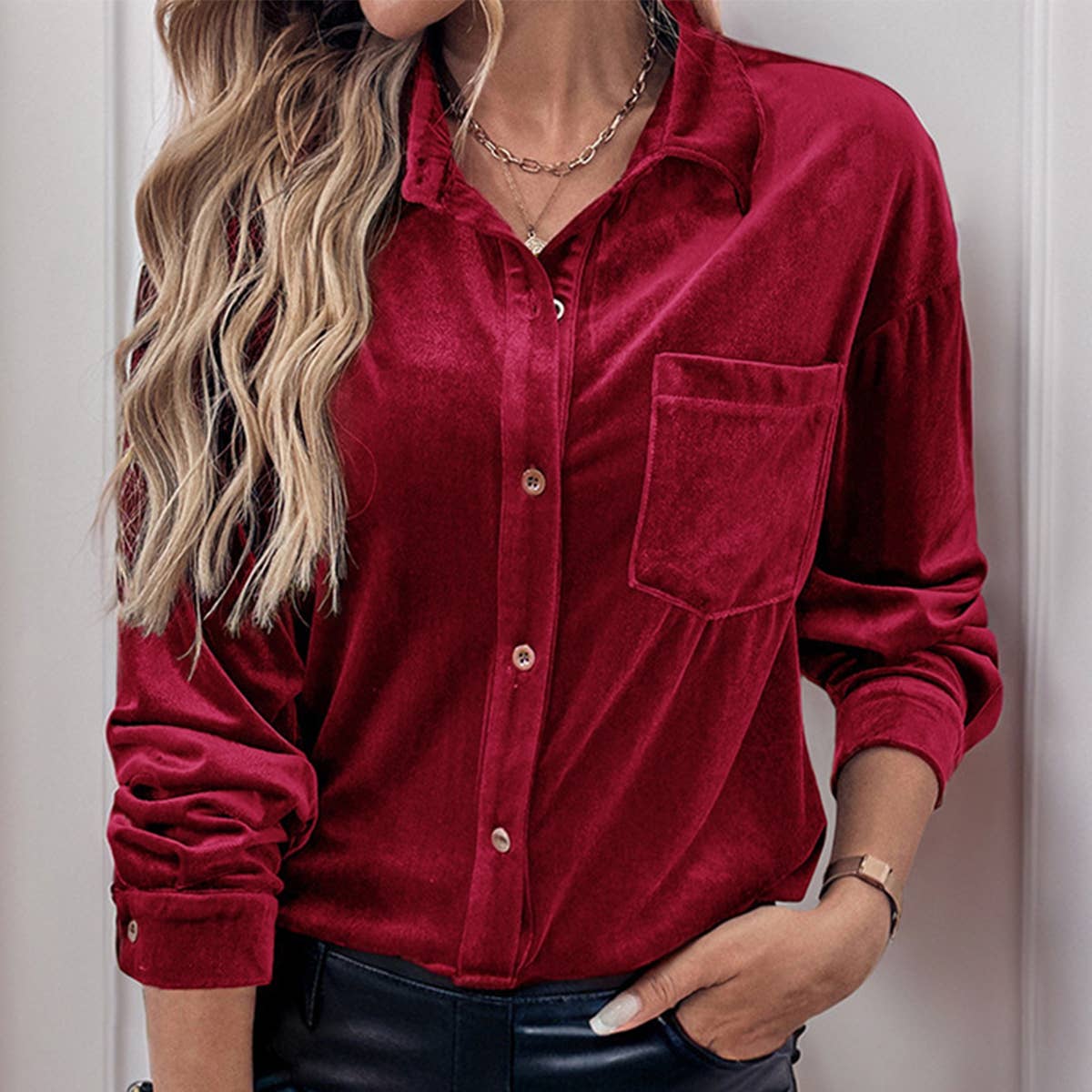 LONG SLEEVE LAPEL VELVET SINGLE-BREASTED SHIRT