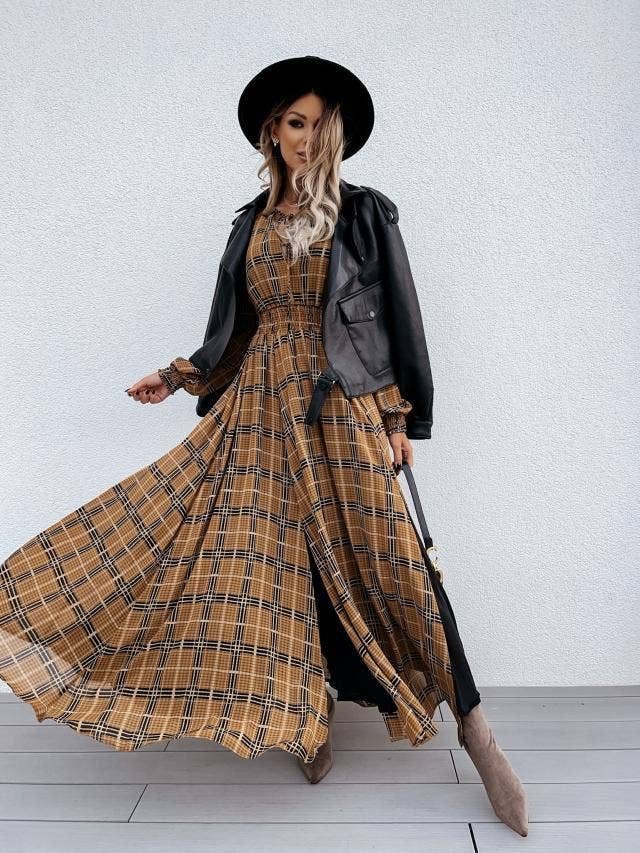 PLAID PRINT LONG-SLEEVED WAIST SLIT DRESS