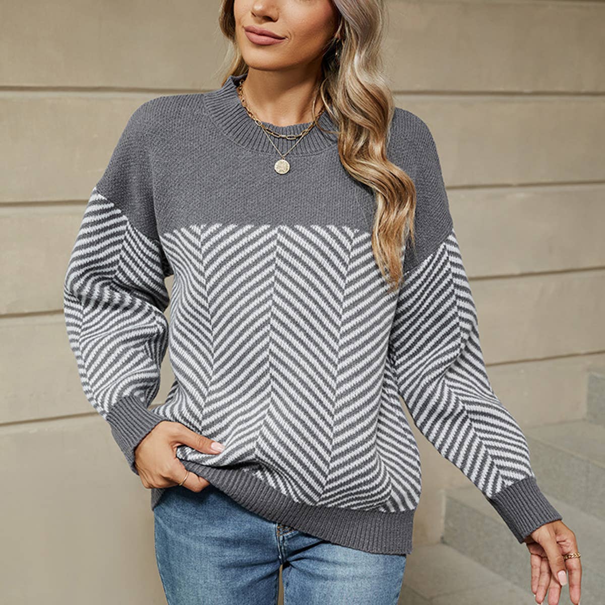 SLOUCHY STRIPED CASUAL LONG-SLEEVED KNIT SWEATER