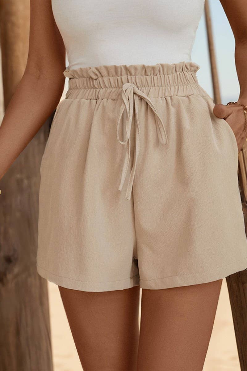 CWBSP0312_SOLID ELASTIC WAIST RUFFLED LACE-UP SHORT PANTS
