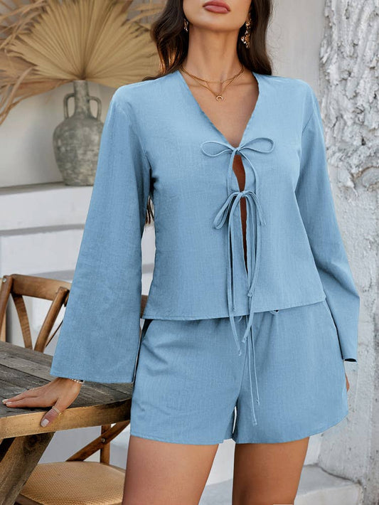 Lace-up cardigan shorts casual solid color suit